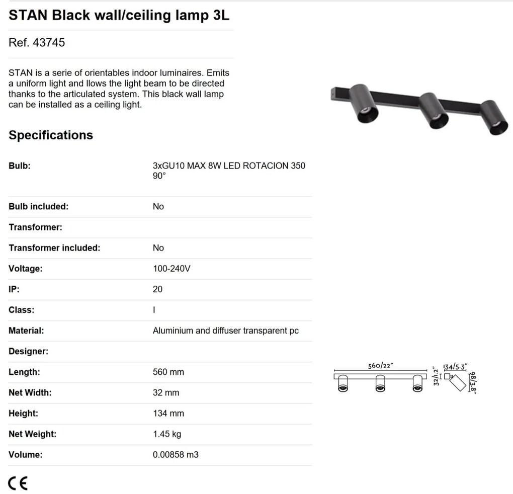 Aplica perete / tavan cu 3 spoturi directionabile design modern STAN 3L neagra