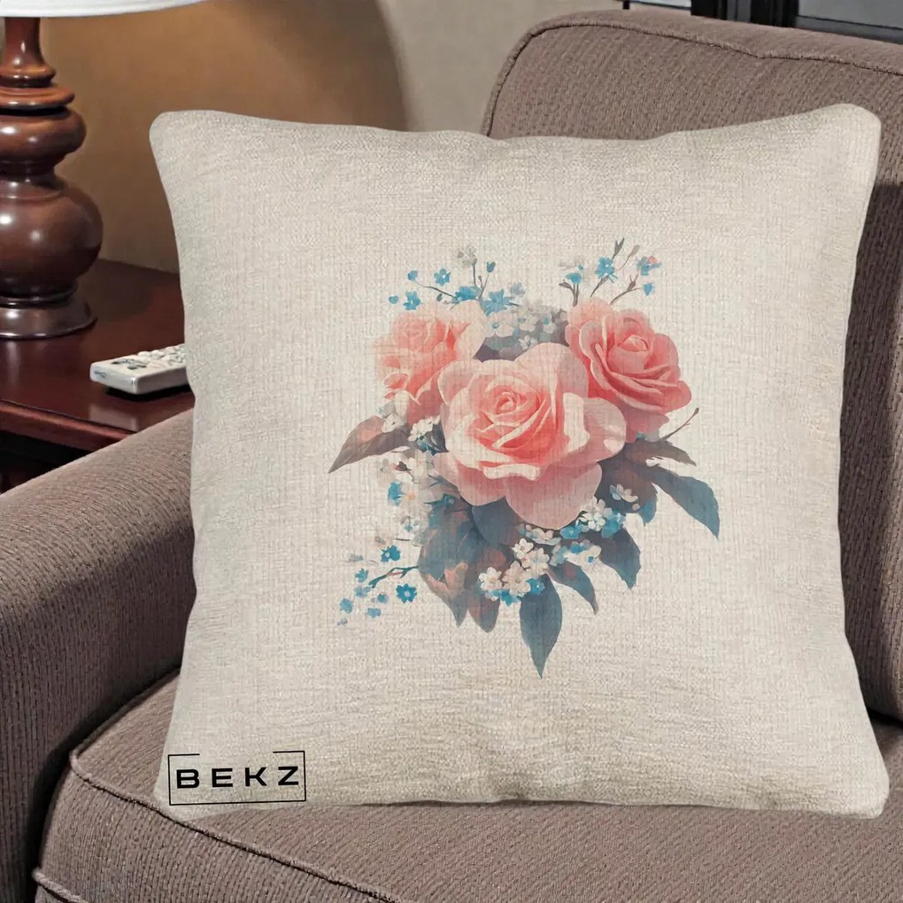 Perna Decorativa Trandafiri Roz cu Floricele Albastre, 40x40 cm, Bej Canapea, Husa Detasabila, Perna Inclusa, BEKZ®