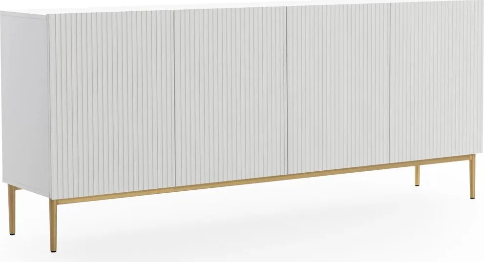Comodă Nicole 200 cm cu patru uși, fronturi riflate - alb mat / picioare aurii