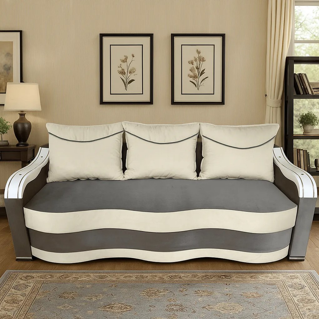 Canapea DIANA extensibila, 3 locuri, cu lada de depozitare, catifea crem cu gri , 220x100x80 Gri + Crem, Catifea