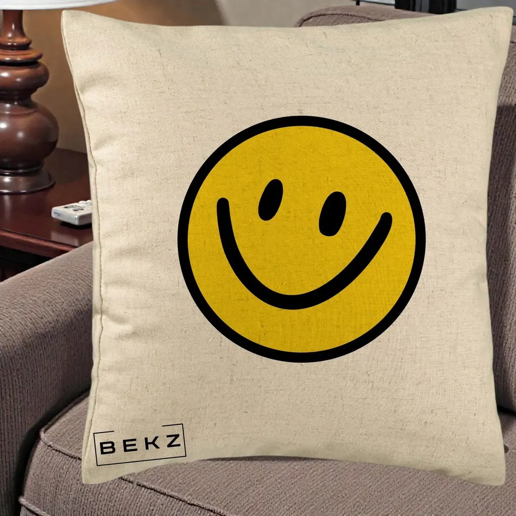 Perna Decorativa Smiley Face Galben Clasic, 40x40 cm, Bej, Husa Detasabila, Perna Inclusa, BEKZ®