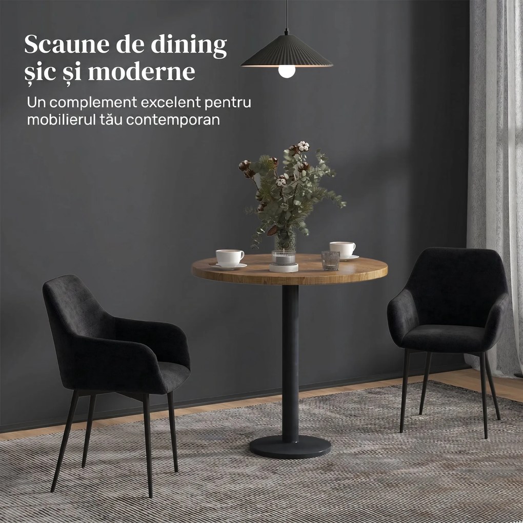HOMCOM Set 2 Scaune Tapițate în Stil Nordic cu Brațe și Picioare din Oțel pentru Sufragerie, 54x57x80 cm, Negru | Aosom Romania