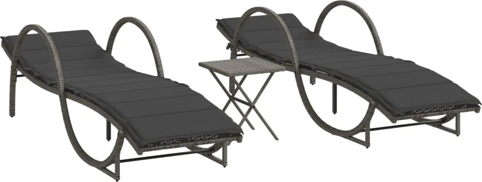 vidaXL Șezlonguri, 2 buc., cu masă, gri, poliratan