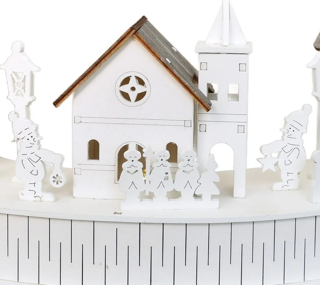 Decorație luminoasă din lemn cu LED-uri, sat cubiserică, 40 x 14 x 20 cm, semicirculară
