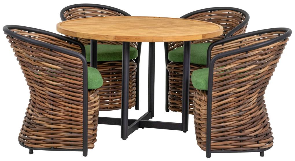 Set masa si scaune gradina si terasa Apple Bee Cocoon Premium, masa rotunda si 4 scaune, cadru negru, verde