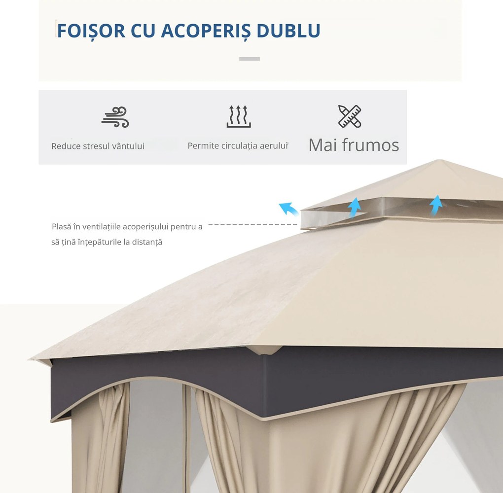 Outsunny Foișor Grădină 3x3x2.9m, Copertină Exterior cu Acoperiș Dublu, Perfect pentru Grădină, Gazon, Curte, Bej | Aosom Romania