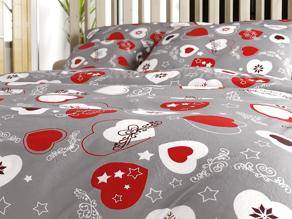 Set 2 bucati lenjerie cocolino CHRISTMAS HEART gri + cearsaf Cocolino microplus cu elastic MOALE 180x200 cm alb, pat dublu