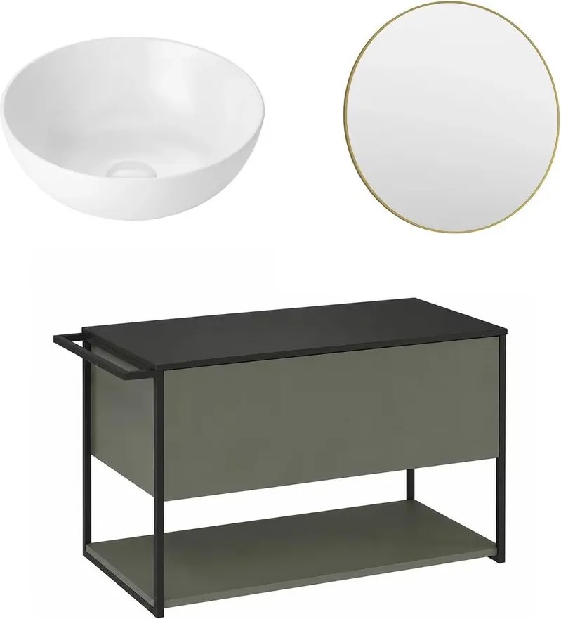 Set dulap baza suspendat Krofam Lov verde-negru 80 cm blat negru cu lavoar 39 cm si oglinda
