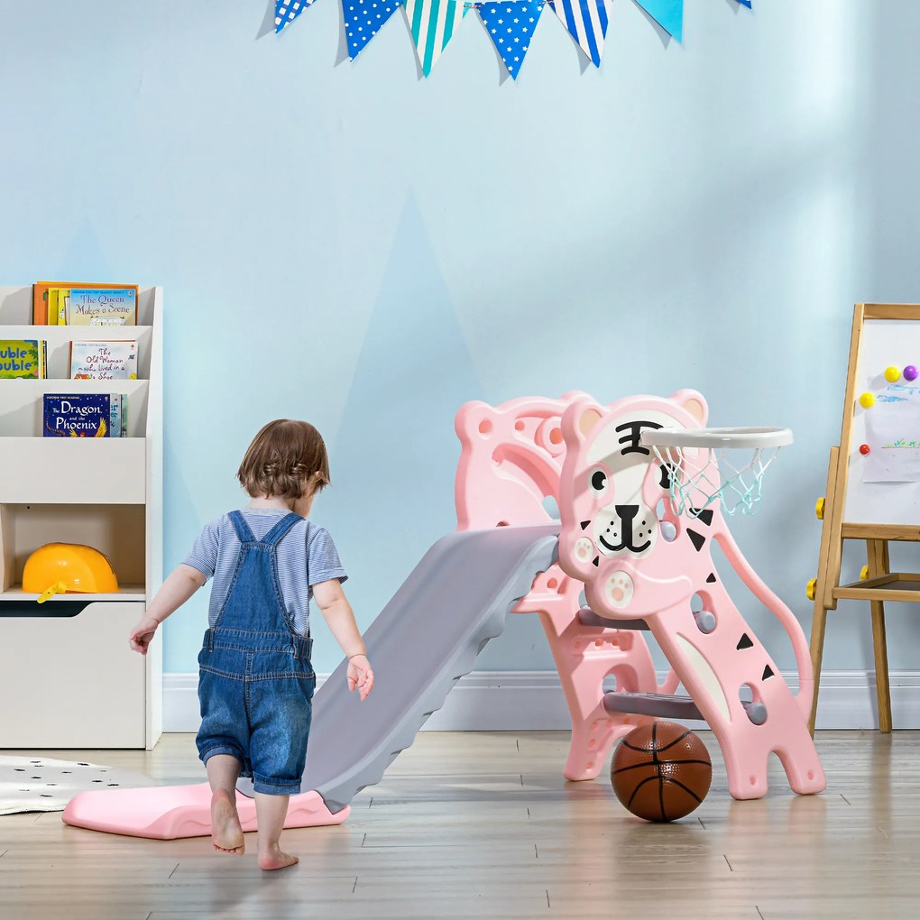 AIYAPLAY Tobogan pentru Copii 18-36 Luni cu Coș de Baschet Lateral și Tobogan din Plastic, 133x60x70 cm, Roz | Aosom Romania
