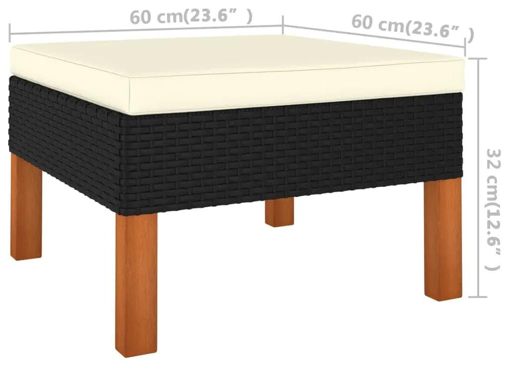 Set mobilier gradina, 3 piese, poliratan  lemn masiv eucalipt 1, Negru, Canapea de colt + suport pentru picioare (2 buc.)