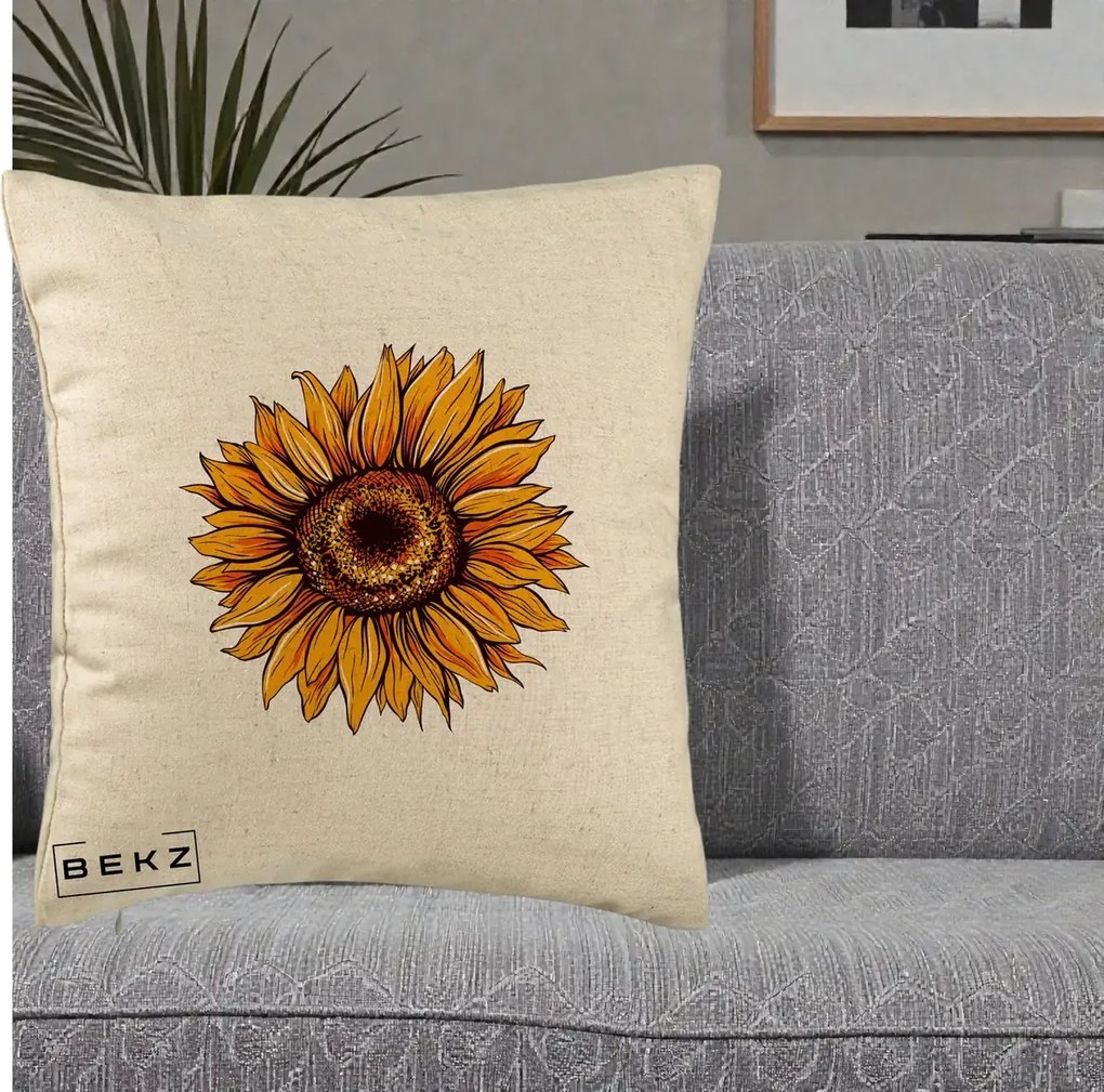 Perna Decorativa Floarea Soarelui Vibranta, 40x40 cm, Bej, Husa Detasabila, Perna Inclusa, BEKZ®