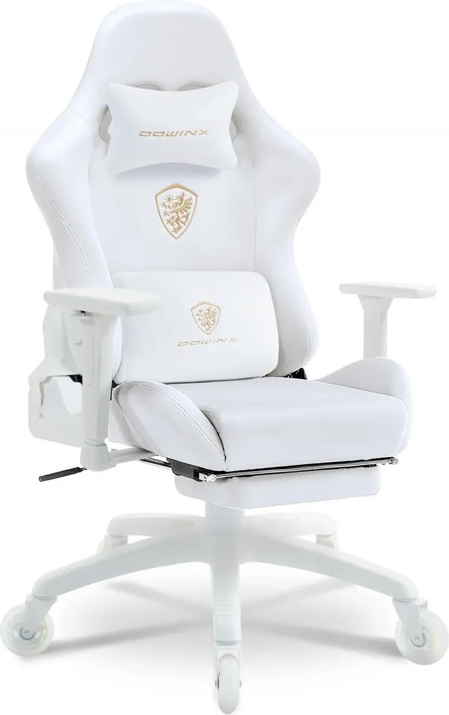 DOWINX 68A - Scaun Gaming Ergonomic, Extra-Lat și Construcție Heavy-Duty, Masaj in perna lombara, Material Textil respirabil, Suport picioare, Roti Silicon, Rezistent 150 kg, Alb