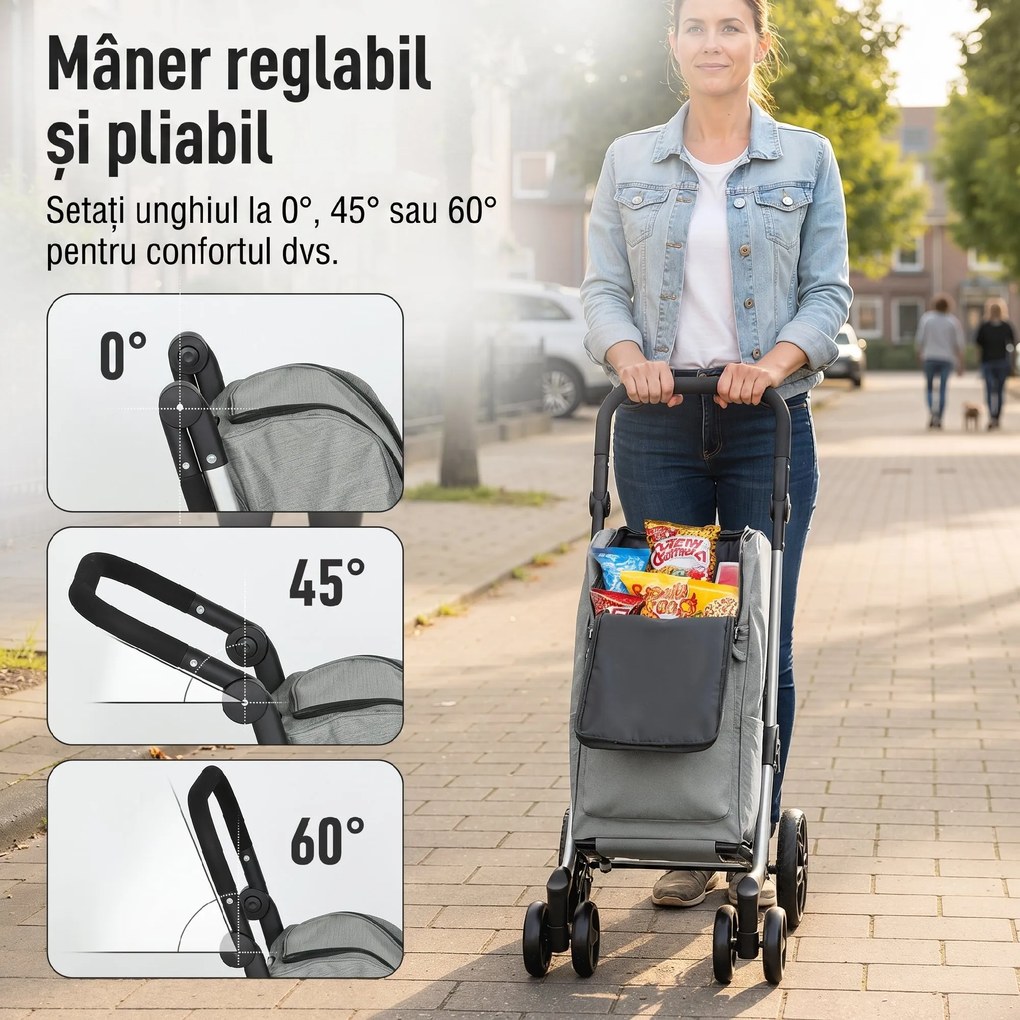 HOMCOM Cărucior de Cumpărături Pliabil din Aluminiu cu Roți, Geantă de 46L, Compartiment Frigorific, Mâner Reglabil, Gri | Aosom Romania