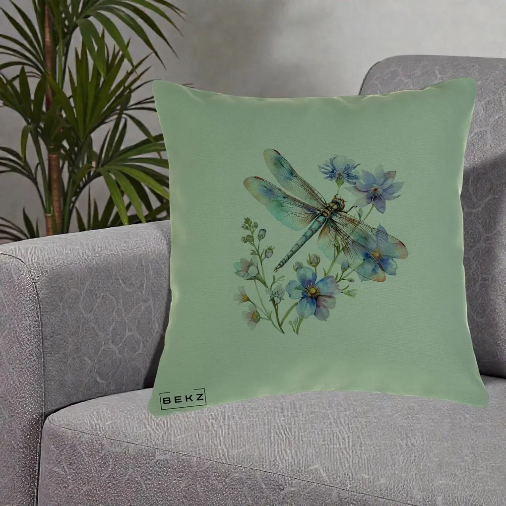 Perna Decorativa Libelula Acuarela Flori Albastre, 40x40 cm, Verde, Husa Detasabila, Perna Inclusa, BEKZ®