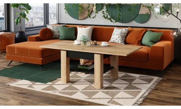 Masă extensibilă CALEB, blat ridicabil, stejar craft/negru