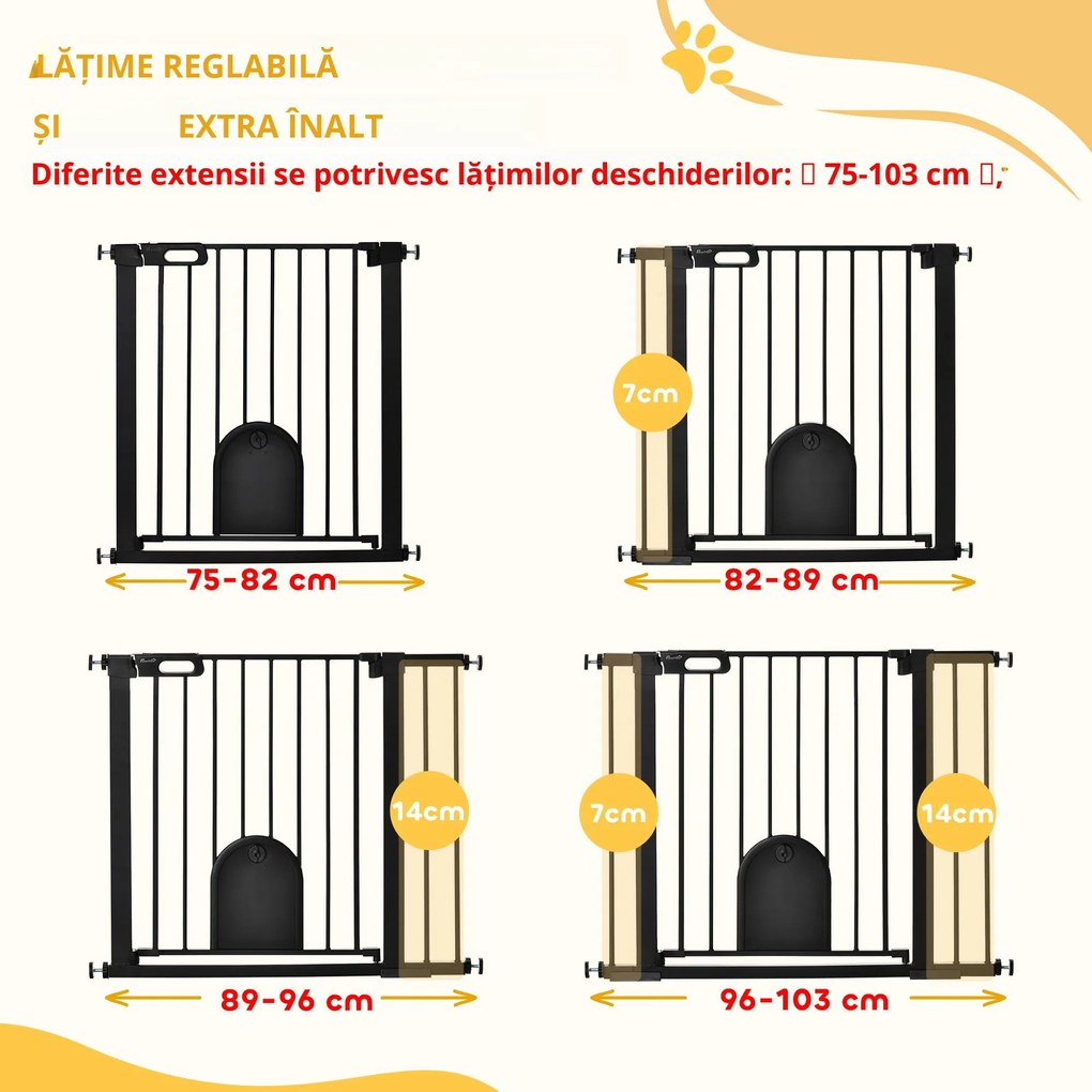 PawHut Barieră Reglabilă pentru Câini cu Ușă Mică, Montare prin Presiune și Închidere Automată, 75-103x76 cm, Negru | Aosom Romania