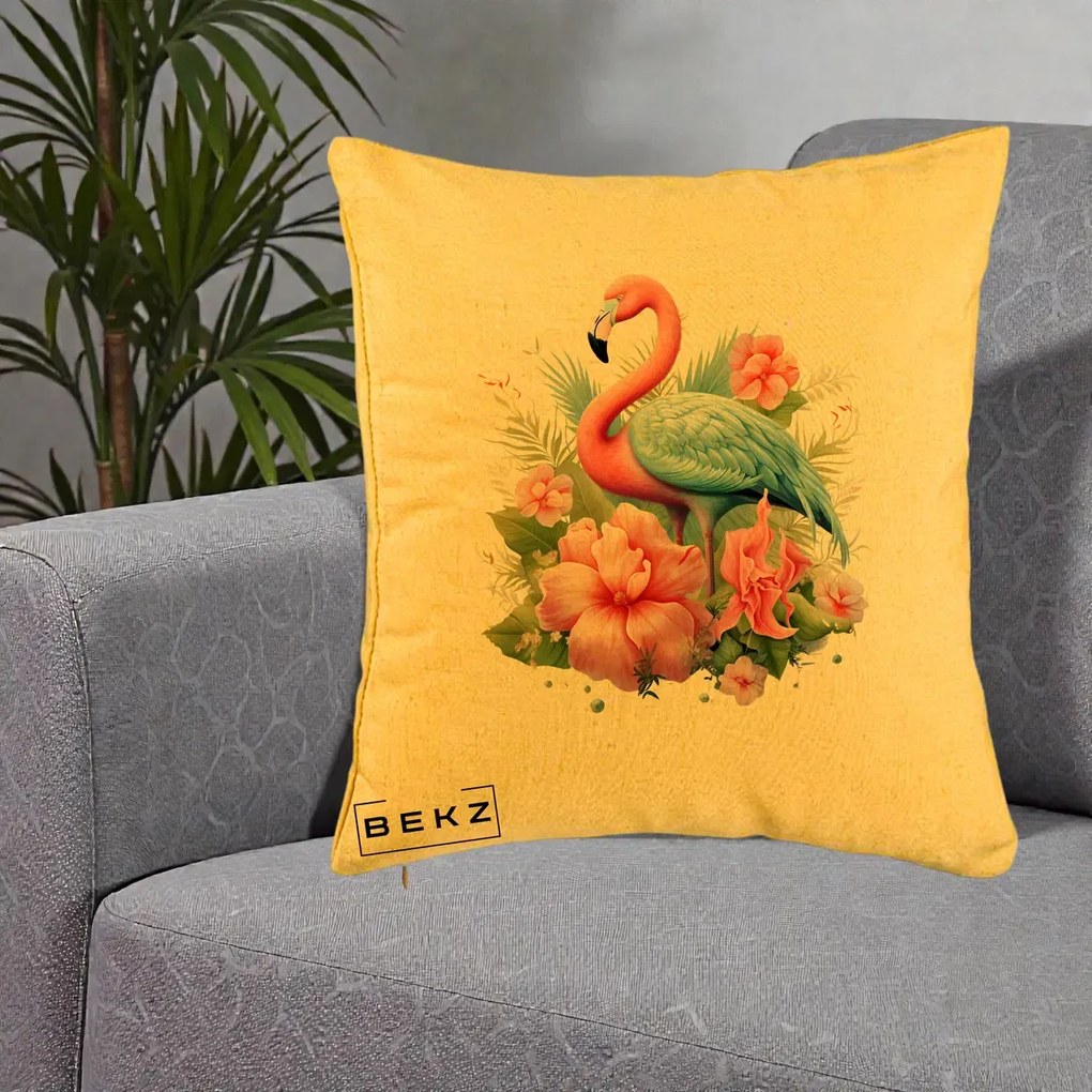 Perna Decorativa Flamingo cu Hibiscus Tropical, 40x40 cm, Galben, Husa Detasabila, Perna Inclusa, BEKZ®