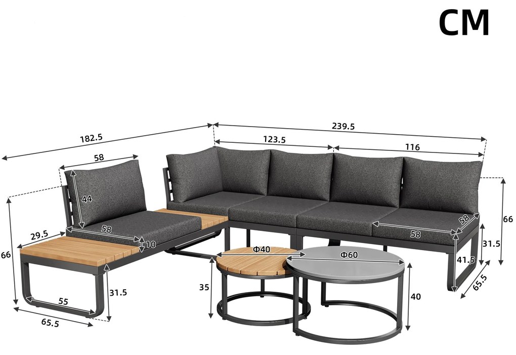 Set de mobilier de grădină pentru 4-5 locuri, 2 mese de cafea integrate, perne de șezut și perne confortabile, Gri