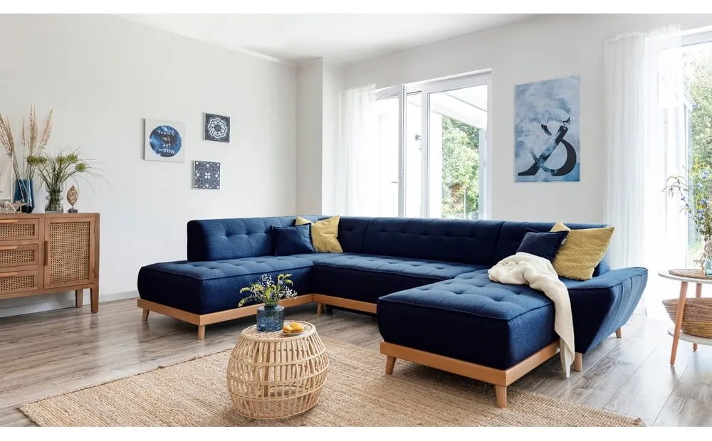 Canapea extensibilă în formă de "U" cu șezlong pe partea stângă Miuform Dazzling Daisy, albastru marin