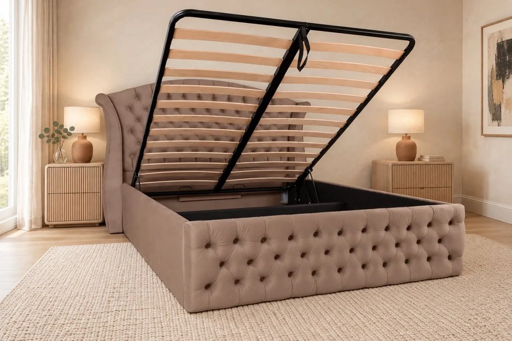 Pat tapițat Chesterfield din catifea Sorella Simple 160×200 cm, cappuccino, cu ladă de depozitare