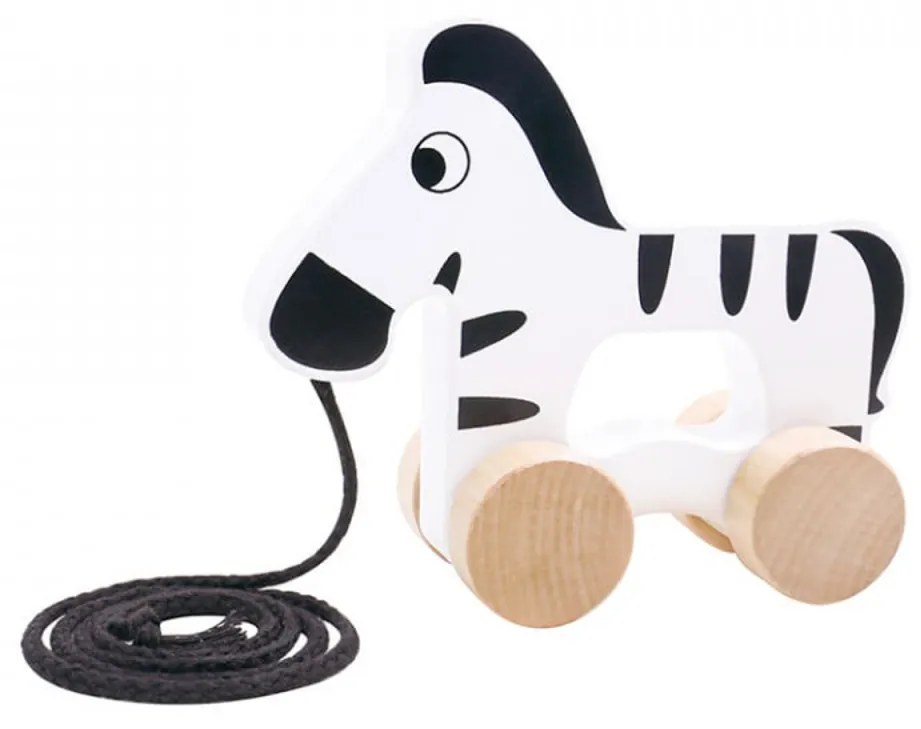 Jucarie educativa de tras din lemn masiv NOVOKIDS™ My first Tiny Zebra, Cu roti, Motricitate , Cu sfoara de tractare, Materiale Eco, Alb cu Negru