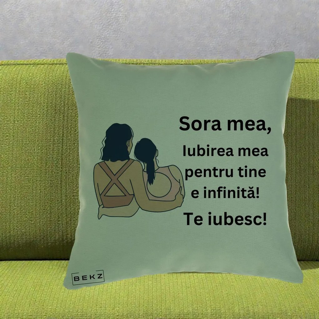 Cadou pentru Sora - Perna Personalizata Sora Mea Te Iubesc Doua Fete Fashioniste Line Art, 40x40 cm, Verde, Husa Detasabila, Perna Inclusa, BEKZ®
