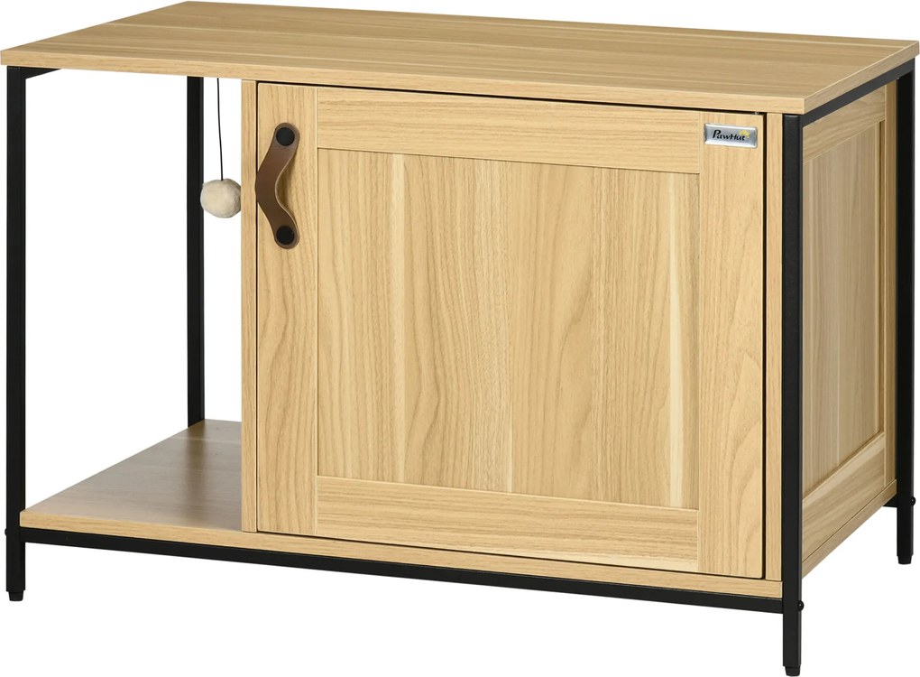 PawHut Casă Toaletă pentru Pisici, cu ușă de intrare laterală și minge suspendată, Oțel Negru și Lemn, 80 x 48 x 55 cm | Aosom Romania