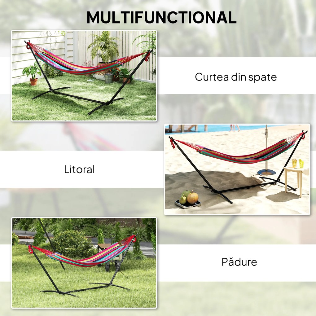Outsunny Hamac cu Suport 310x117 cm pentru Camping cu Înălțime Reglabilă și Geantă de Transport, Capacitate 120 kg, Dungi Portocalii și Roșii | Aosom Romania