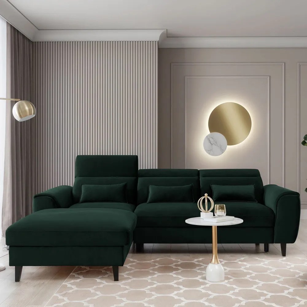 Colțar verde închis extensibil/cu spațiu de depozitare cu tapițerie din catifea (cu colț pe partea stângă/cu șezlong) Foble – ELTAP