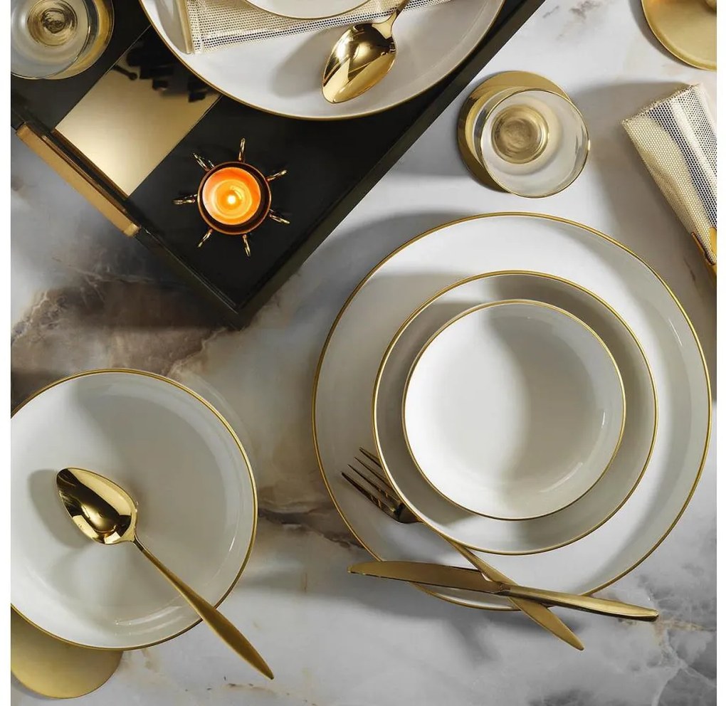 Set de masă, 18 piese, porțelan, bej/auriu