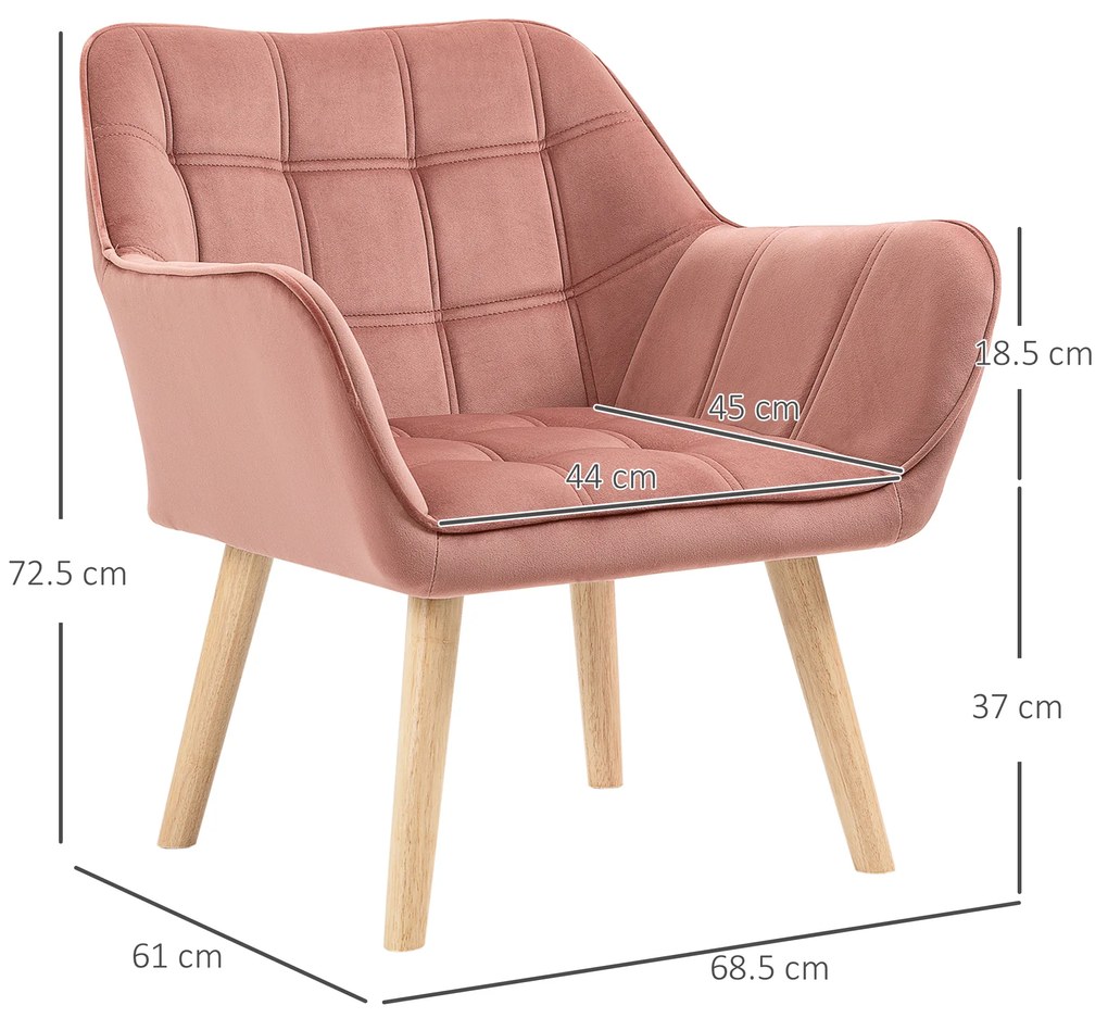 Fotoliu in stil nordic din lemn si efect de catifea roz pentru sufragerie sau birou, 68,5x61x72,5cm HOMCOM | Aosom Romania