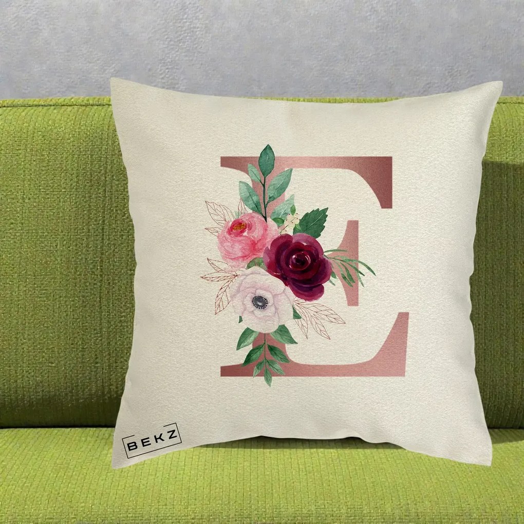 Cadou Personalizat - Perna Personalizata Monograma Rose Gold Litera E, 40x40 cm, Ecru, Husa Detasabila, Perna Inclusa, BEKZ®