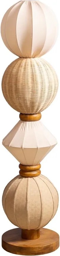 Lampă de podea din in și rattan natur, cu structură din lemn deschis, etaje rotunde suprapuse, finisaj natural, 138×34 cm, „Lumea"