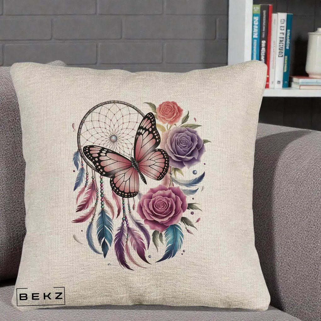 Perna Personalizata Prinzator de Vise cu Fluture si Trandafiri, 40x40 cm, Bej Canapea, Husa Detasabila, Perna Inclusa, BEKZ®