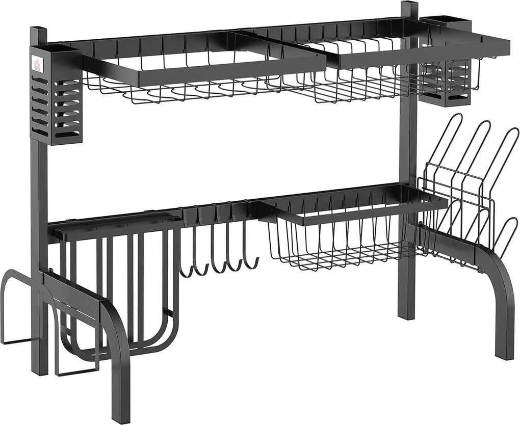 HOMCOM Uscător de Vase de Tip Stand Modular cu 2 Nivele 65x31.5x52.5 cm Negru | Aosom Romania