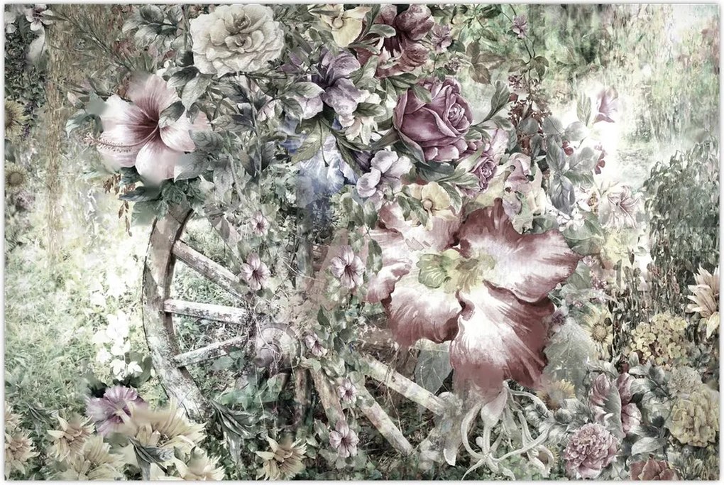 Tablou - Flori pe roata de lemn (90x60 cm)