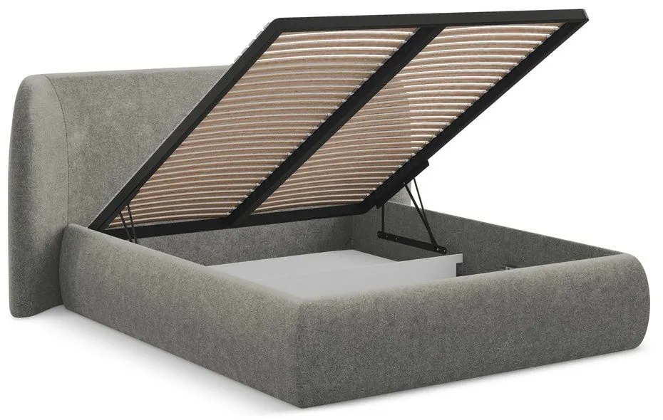 Pat matrimonial gri tapițat cu spațiu de depozitare cu somieră 180x200 cm Hauke – Makamii