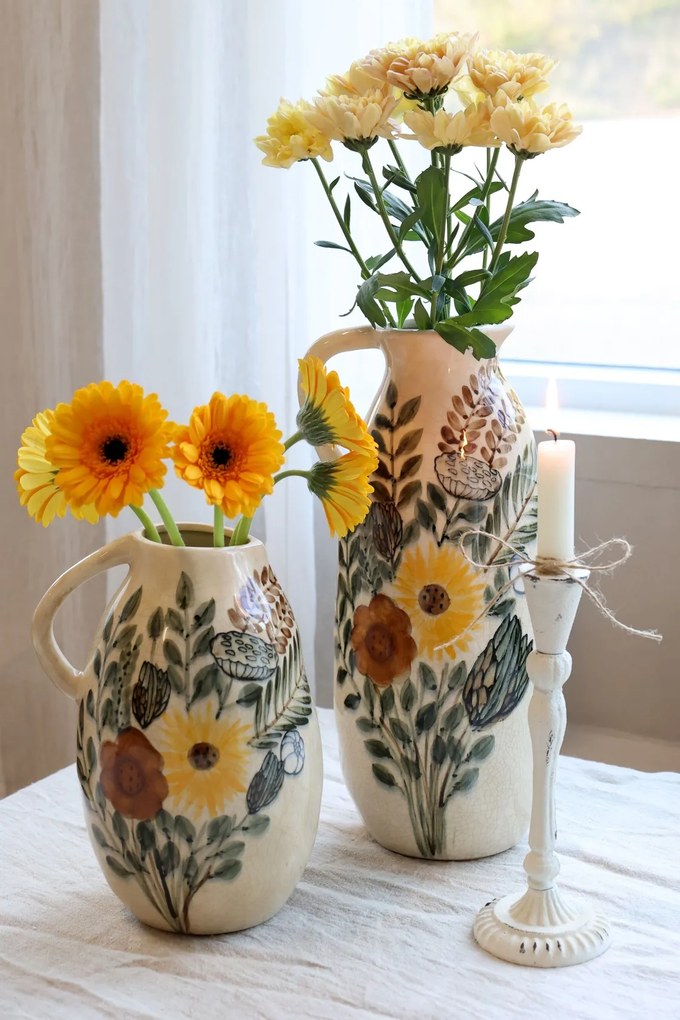 Carafă decorativă din ceramică cu motiv floral, H36/D16 cm, crem