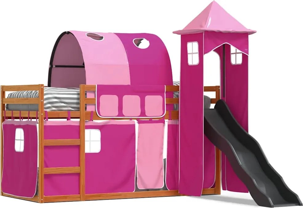 vidaXL Pat supraetajat cu tobogan și perdele, roz, 90x200 cm