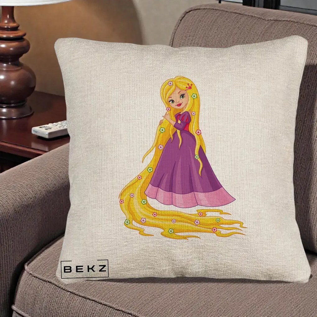Perna Personalizata Rapunzel Par Lung Floral, 40x40 cm, Bej Canapea, Husa Detasabila, Perna Inclusa, BEKZ®