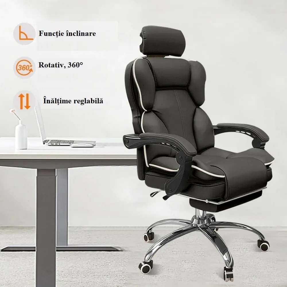 RESIGILAT- Scaun directorial, suport pentru picioare reglabil, pivotant la 360°, înălțime reglabilă, cotieră moale, piele PU rezistentă, Negru/Alb