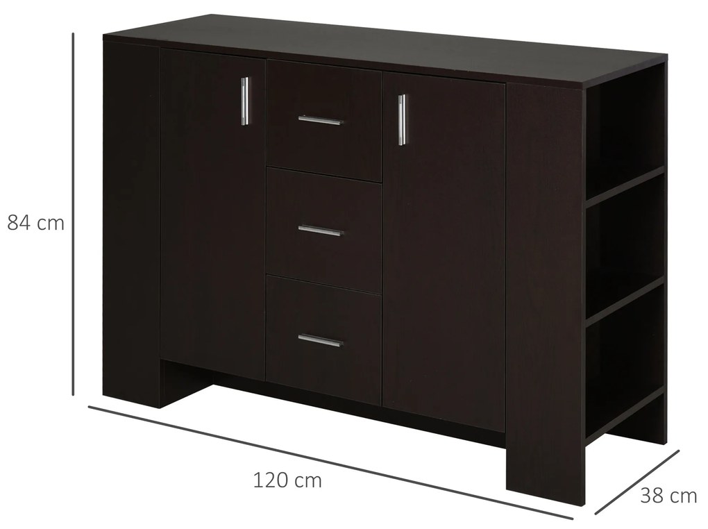 HOMCOM Dulap de perete cu 2 usi 3 sertare rafturi laterale elegante pentru casa din lemn maro inchis 120 x 38 x 84 cm