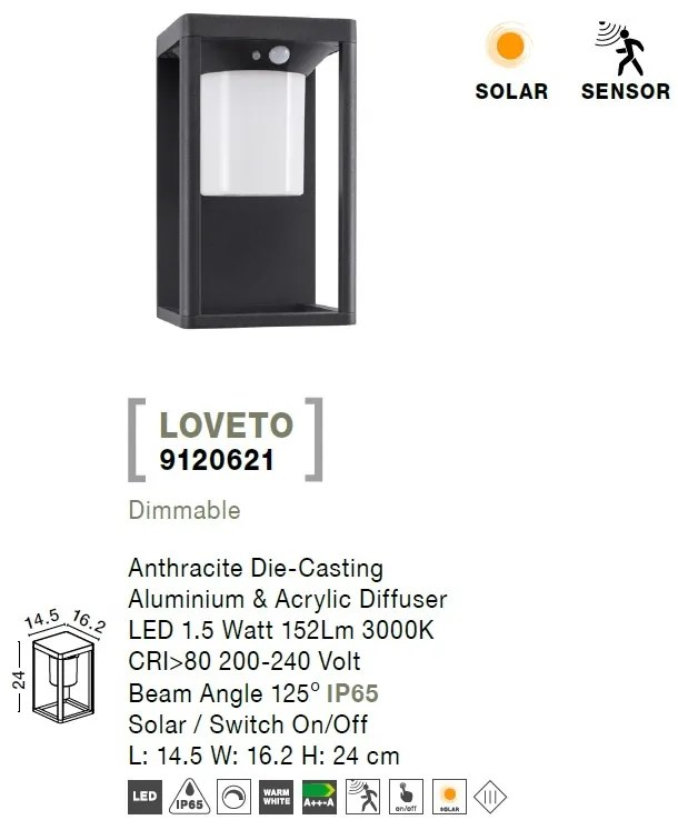 Aplica LED solara de exterior cu senzor miscare IP65 LOVETO