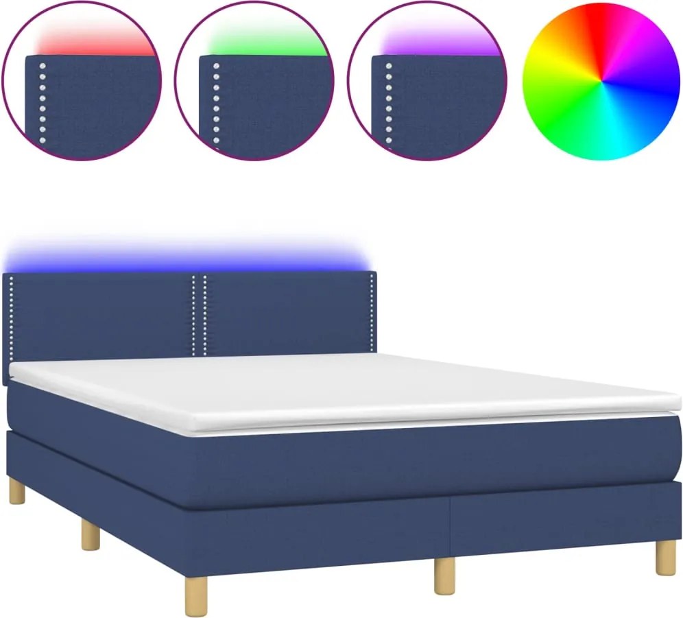 vidaXL Pat cu arcuri, saltea și LED, albastru, 140x190 cm, textil