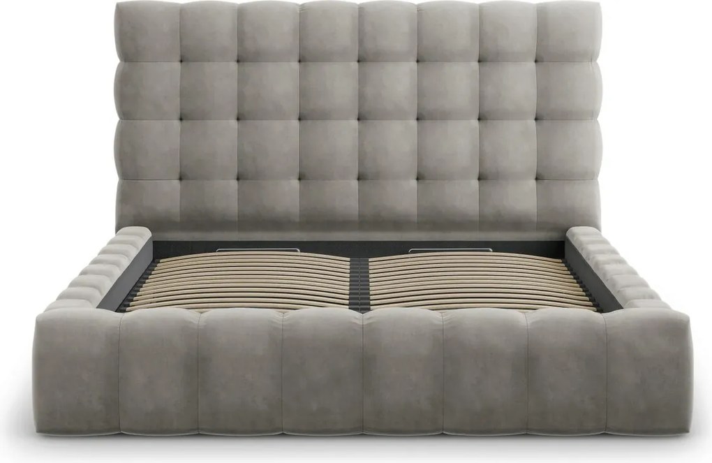 Pat tapitat cu tablie si lada depozitare, Mamaia, Micadoni Home, BL, 180x200 cm, catifea, gri deschis