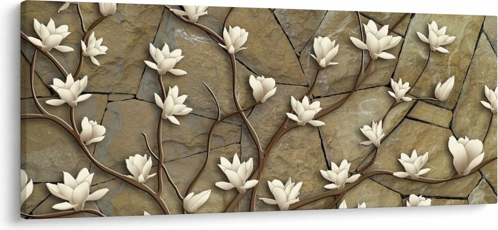 Tablou - Magnolii albe pe zidărie de piatră (120x50 cm)