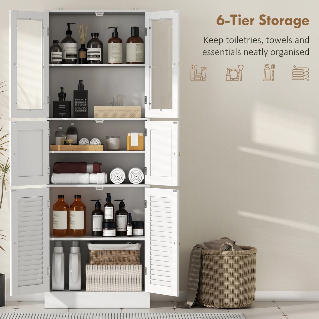 HOMCOM Dulap pentru baie cu 3 compartimente și 2 uși din sticlă și lemn, rafturi reglabile, 60x30x170 cm, alb | Aosom Romania