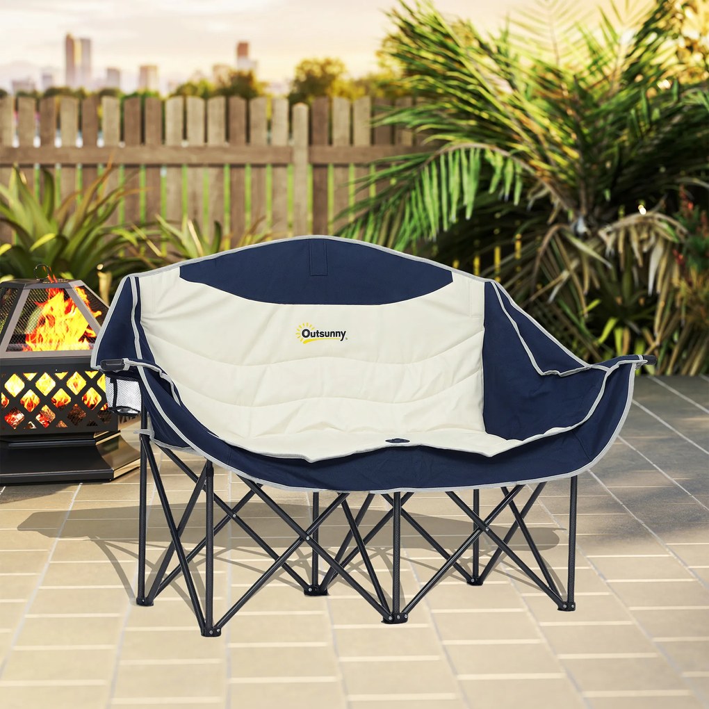 Outsunny Scaun pliant pliabil 2 locuri Scaun camping cu suport pentru băuturi Geantă de transport până la 250 kg Albastru | Aosom Romania