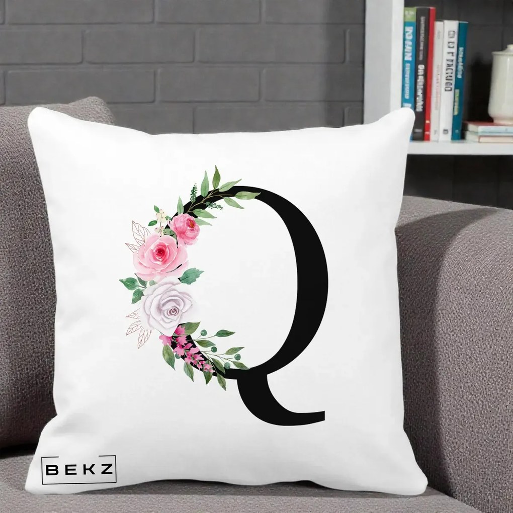 Cadou Personalizat - Perna Personalizata Monograma Florala Litera Q, 40x40 cm, Alba Mata, Husa Detasabila, Perna Inclusa, BEKZ®