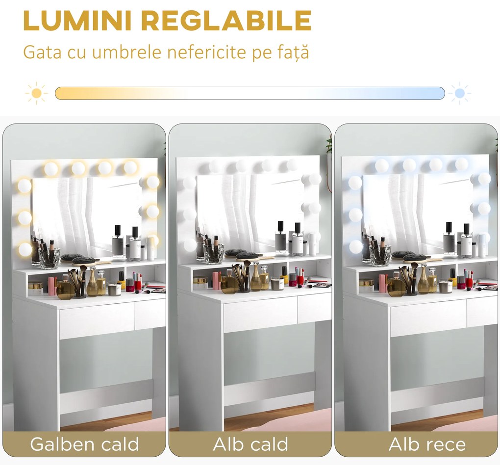 Oglindă LED, Toaletieră cu sertare | Aosom Romania